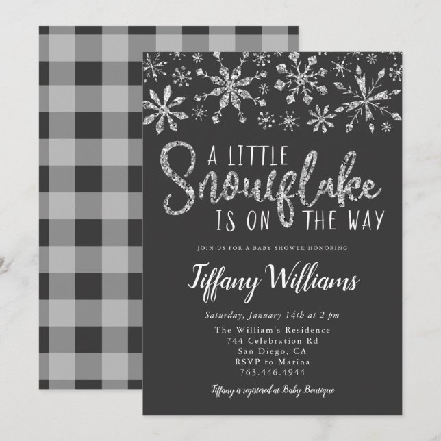 A Little Snowflake Silver Glitter Baby Shower Invitation (Front/Back)