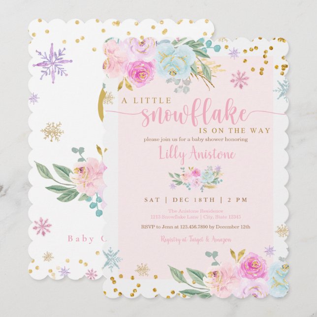 A Little Snowflake Winter Baby Girl Shower Invitation (Front/Back)