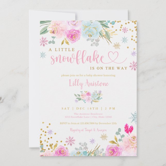 A Little Snowflake Winter Baby Girl Shower Invitation (Front)