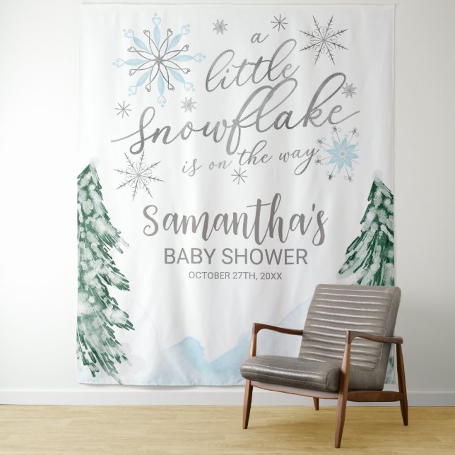 A little Snowflake Winter Baby Shower Backdrop Tapestry (In Situ)