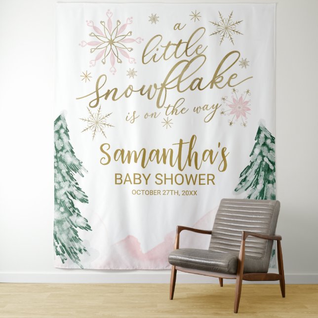 A little Snowflake Winter Baby Shower Backdrop Tapestry (In Situ)