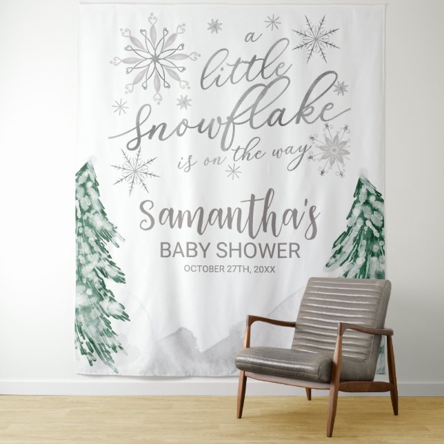 A little Snowflake Winter Baby Shower Backdrop Tapestry (In Situ)