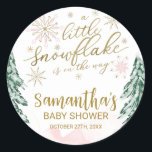 A little snowflake Winter Baby Shower Classic Round Sticker<br><div class="desc">Adorable calligraphy with snowflakes,  winter-themed baby shower sticker. Easy to personalise with your details. Check the collection to find matching items as enclosure cards.</div>