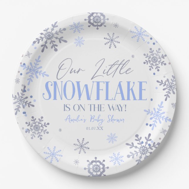 A Little Snowflake Winter Blue Baby Shower Paper Plate (Front)