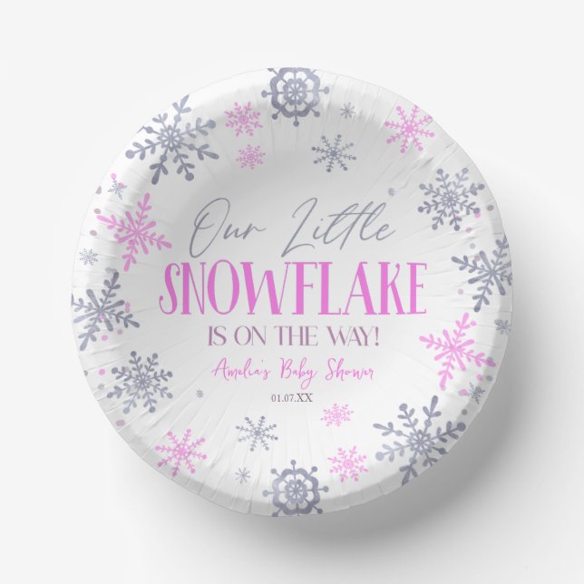 A Little Snowflake Winter Pink Baby Shower Paper Plate (Front)