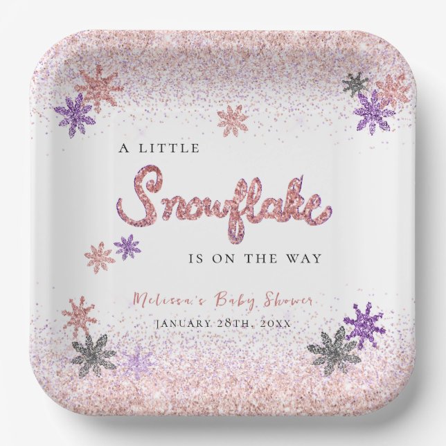 A Little Snowflake Winter Pink Girl Baby Shower Paper Plate (Front)