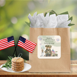 A Little Soldier Boy Teddy Bear Baby Shower Favor Square Sticker