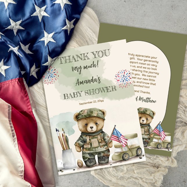 A Little Soldier Boy Teddy Bear Baby Shower Thank You Card (Creator Uploaded)