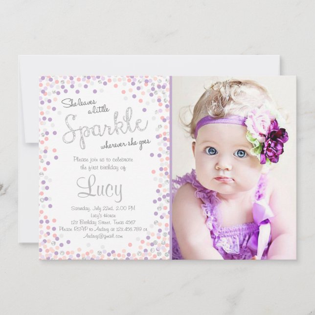 A little sparkle Silver purple birthday invitation (Front)