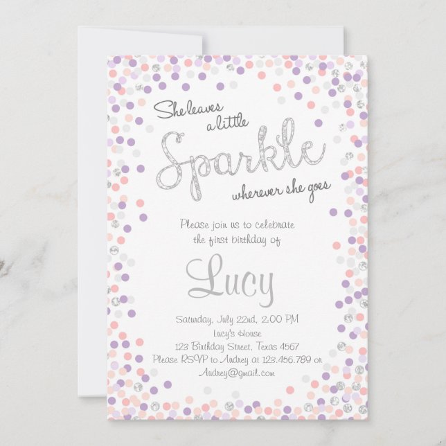 A little sparkle Silver purple birthday invitation (Front)