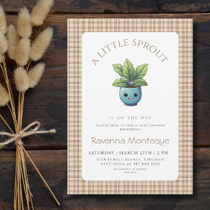 A Little Sprout Plant Brown Gingham Baby Shower Invitation