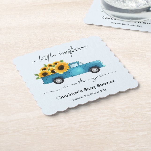A Little Sunflower Is On The Way Baby Shower Paper Coaster (Angled)