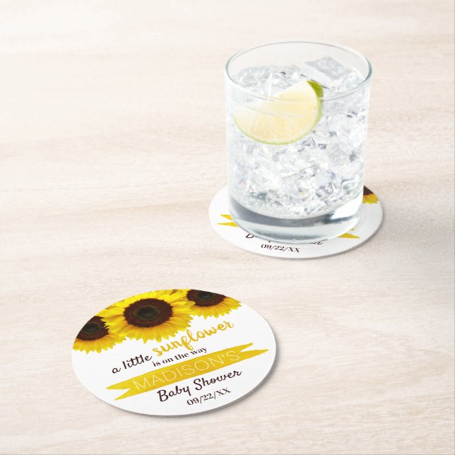 A Little Sunflower Is On The Way! Baby Shower Round Paper Coaster (Insitu)