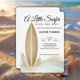 A Little Surfer Minimalist Gold Baby Shower Invitation