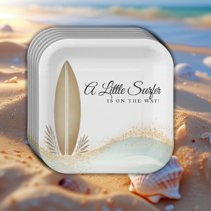 A Little Surfer Minimalist Gold Baby Shower Paper Plate