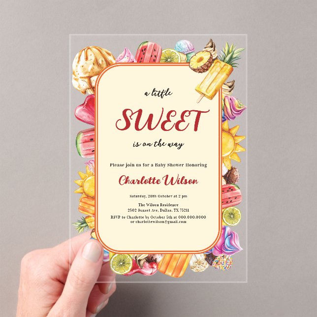 A Little Sweet Is On The Way Ice Cream Baby Shower Acrylic Invitations (Insitu (Handheld))