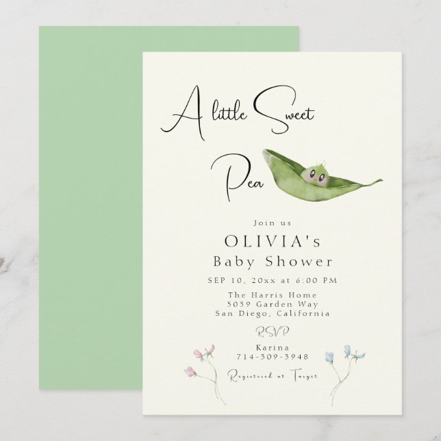 A Little Sweet Pea Baby Shower Invitation (Front/Back)