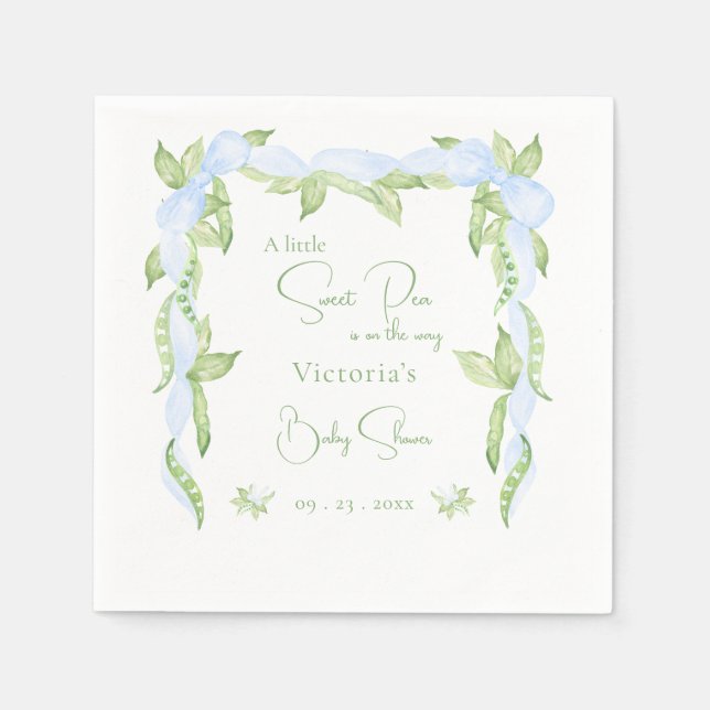 A Little Sweet Pea Blue Boy Baby Shower Napkin (Front)