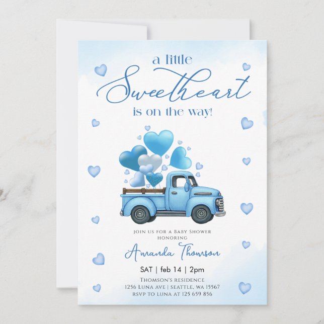 A little Sweetheart blue Truck Baby Shower Invitation (Front)