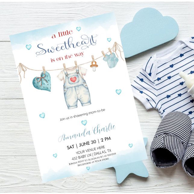 A little sweetheart clothesline Boy baby shower  Invitation (Creator Uploaded)
