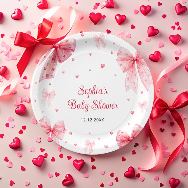 A Little Sweetheart Cute Bow Red Pink Baby Shower  Paper Plate (Creator Uploaded)