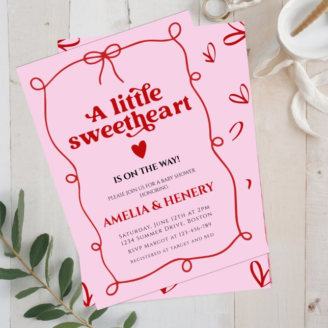 A Little Sweetheart Girl doodle Bow Baby Shower Invitation (Creator Uploaded)