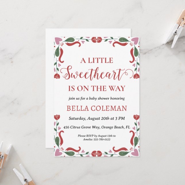 a little sweetheart is on the way baby shower invitation (Front/Back In Situ)