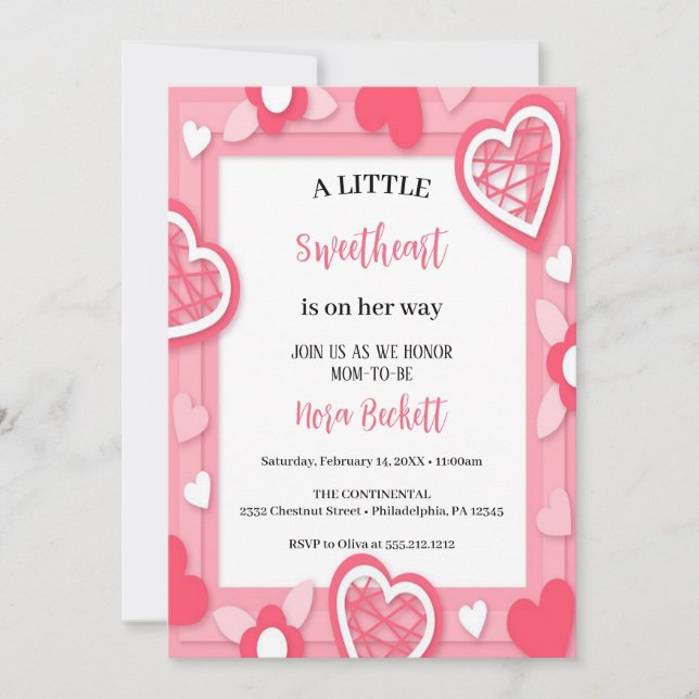 A little sweetheart pink hearts invitation (Front)