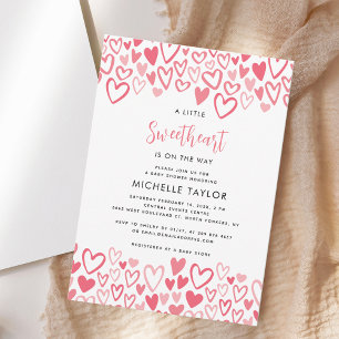 A Little Sweetheart Pink Hearts Script Baby Shower Invitation