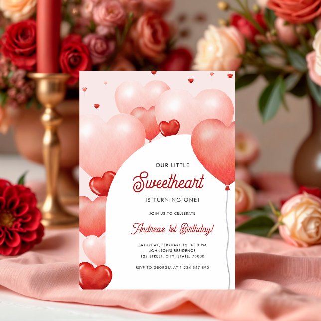 A Little Sweetheart Pink Red Balloons 1st Birthday Invitation (Creator Uploaded)