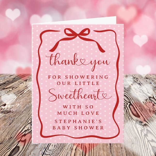 A Little Sweetheart Pink Red Bow Girl Baby Shower Thank You Card (Creator Uploaded)