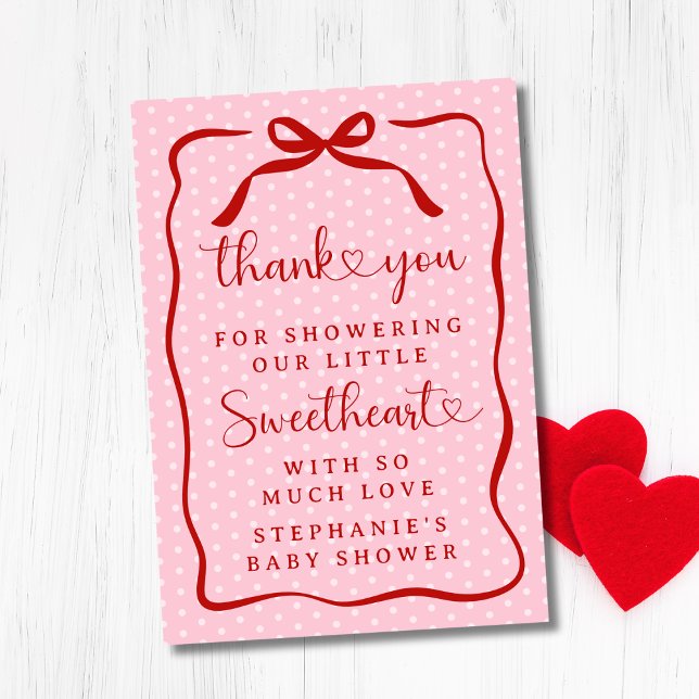 A Little Sweetheart Pink Red Bow Girl Baby Shower Thank You Card (Creator Uploaded)