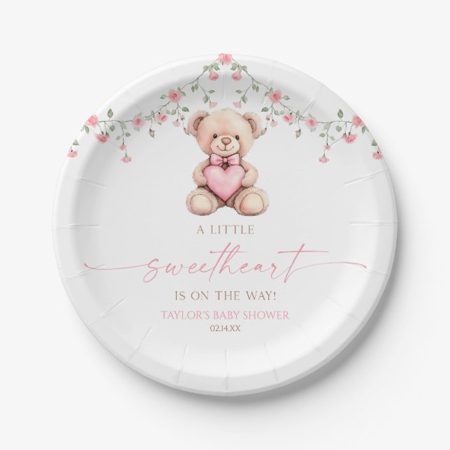 A Little Sweetheart Pink Teddy Bear Baby Shower Paper Plate (Front)
