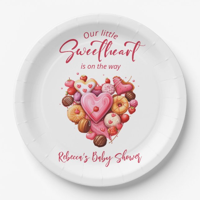 A Little Sweetheart Red Sweet Heart Baby Shower  Paper Plate (Front)