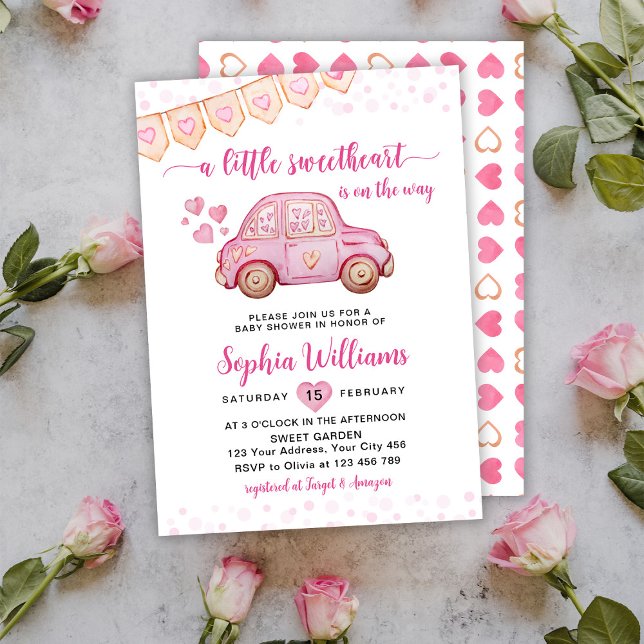 A Little Sweetheart Valentine Pink Car Baby Shower Invitation (Creator Uploaded)