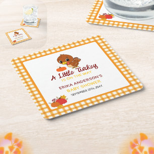 A Little Turkey Baby Shower Fall Thanksgiving Square Paper Coaster