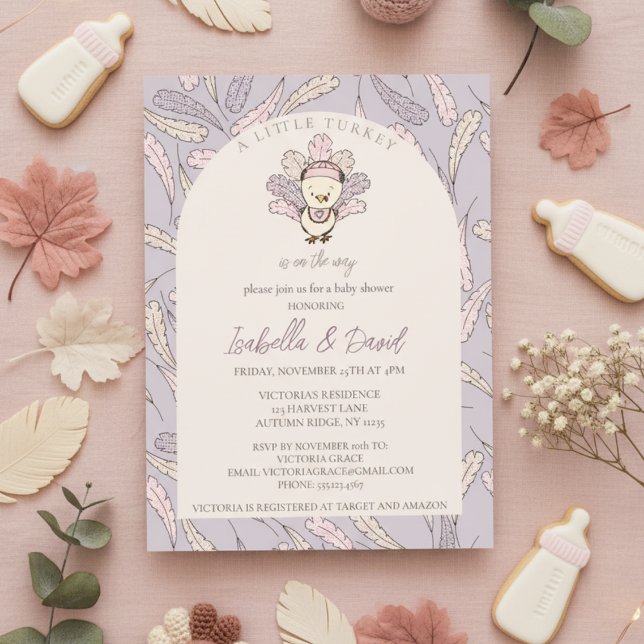 A Little Turkey is on the Way Autumn Baby Shower Invitation (Little Turkey Thanksgiving Girl Baby Shower. Purple & Pink Little Turkey & Gingham Feathers Pattern)