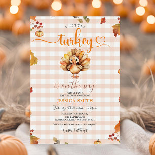 A Little Turkey Orange Gingham Autumn Baby Shower Invitation