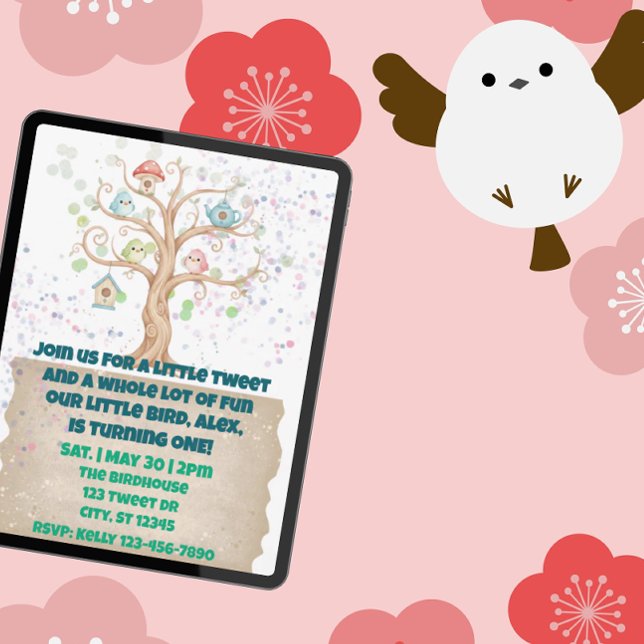A Little Tweet, Birds Watercolor 1st Birthday Invitation (Creator Uploaded)