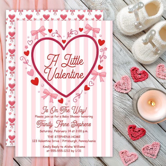 A Little Valentine Coquette Girl Baby Shower Invitation (A Little Valentine Is On the Way! Pink and Red Stripes | Heart Coquette Girl Baby Shower Print Digi)