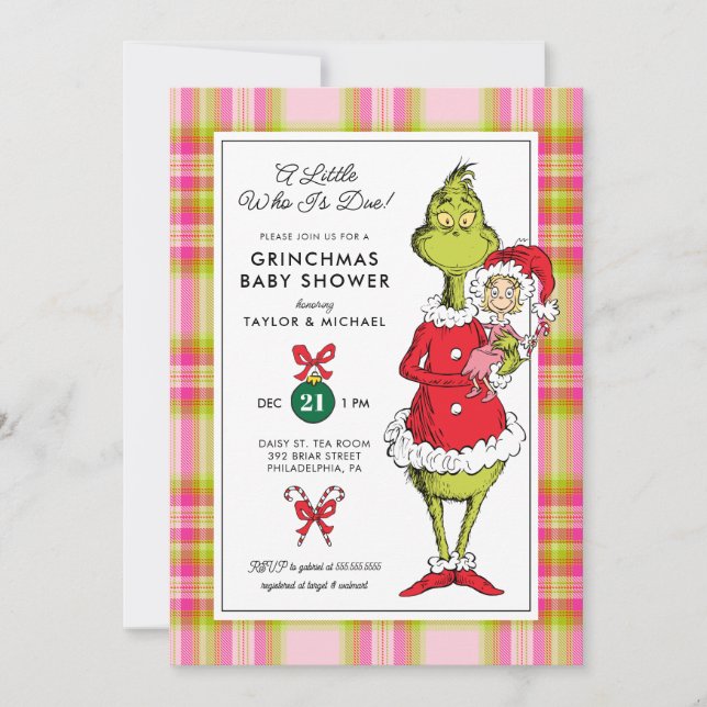 "A Little Who Is Due!" Grinchmas Baby Shower Holiday Card (Front)