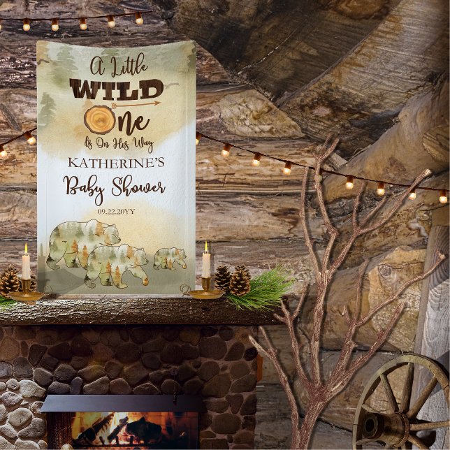 A Little Wild One Bears Woodland Baby Shower Banner (A Little Wild One Is On His Way Rustic Woodland Mama, Daddy and Baby Bear Themed Baby Shower Banner)