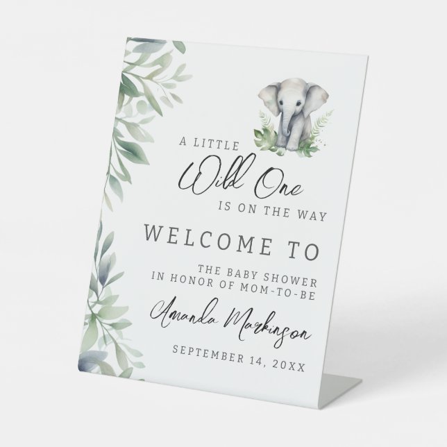 A Little Wild One Elephant Baby Shower Welcome Pedestal Sign (Front)