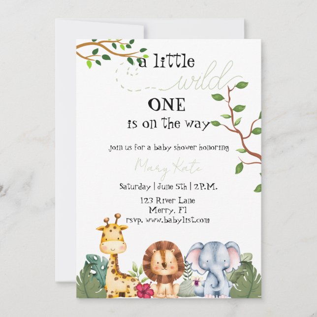 A Little WIld One is on the way Safari Animal Baby Invitation (Front)