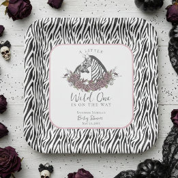 A Little Wild One Mommy and Baby Zebra Square Paper Plate