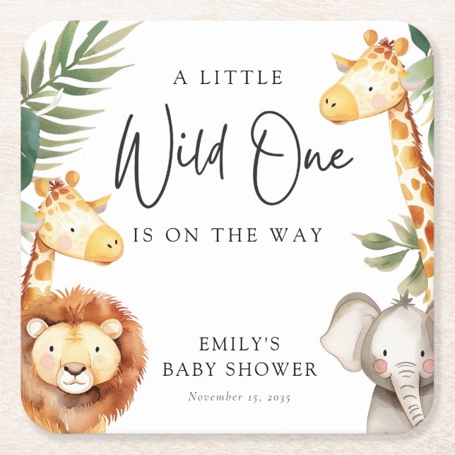 A Little Wild One Safari Baby Shower Square Paper Coaster (Front)