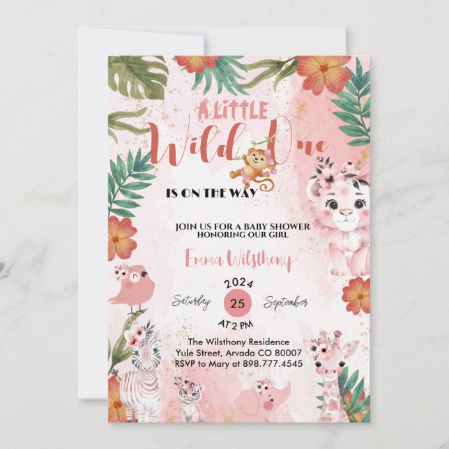 a little wild one safari girl pink baby shower  invitation (Front)