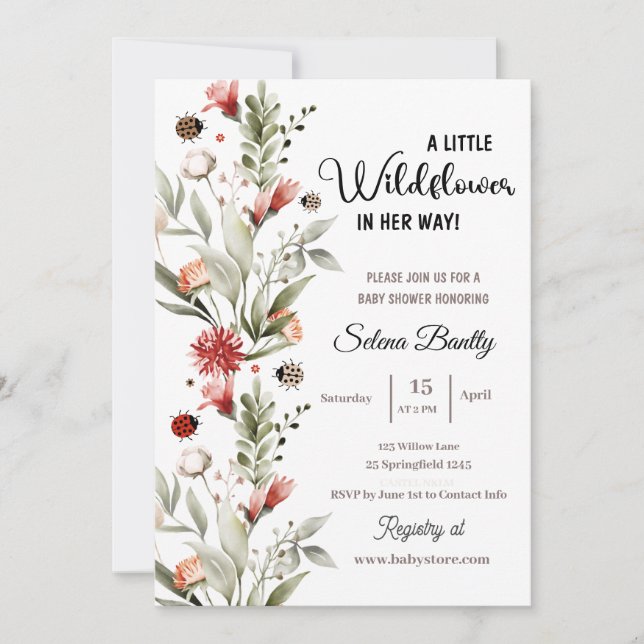 A Little Wildflower Baby Girl Shower Ladybug Invitation (Front)