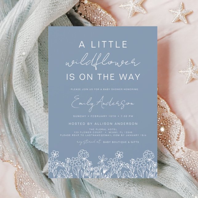 A Little Wildflower Baby Shower Dusty Blue Girl Invitation (Creator Uploaded)