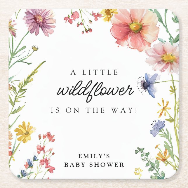 A Little Wildflower Baby Shower Square Paper Coaster (Front)